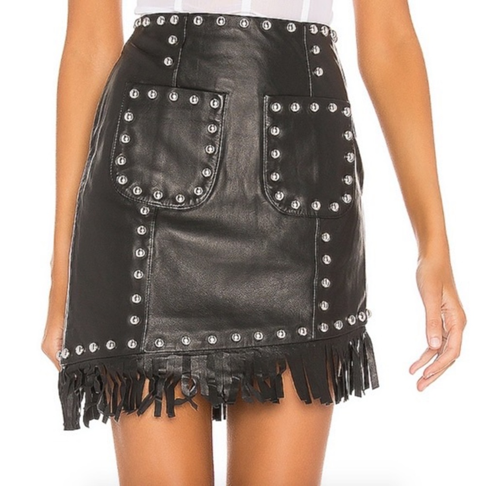 NBD Revolve Laeticia Leather Mini Fringe Studded Skirt in Black- Size S